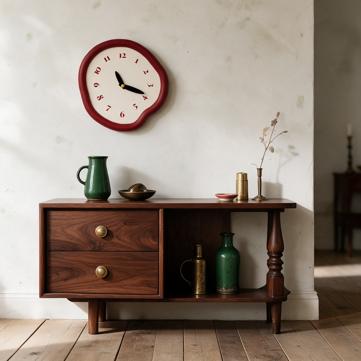 Ondara clock in red above a walnut console