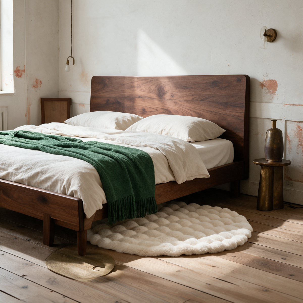Nerja rug in beige beside a bed