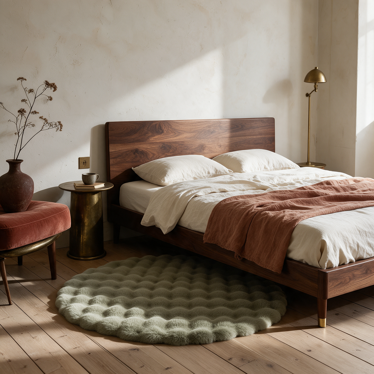 Nerja rug in green beside a bed