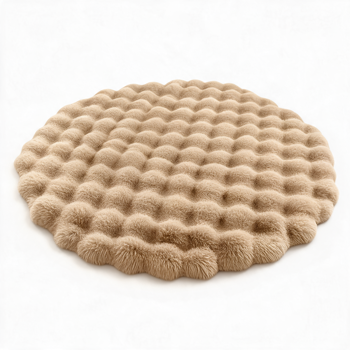 Nerja round bubble rug in khaki on a white background