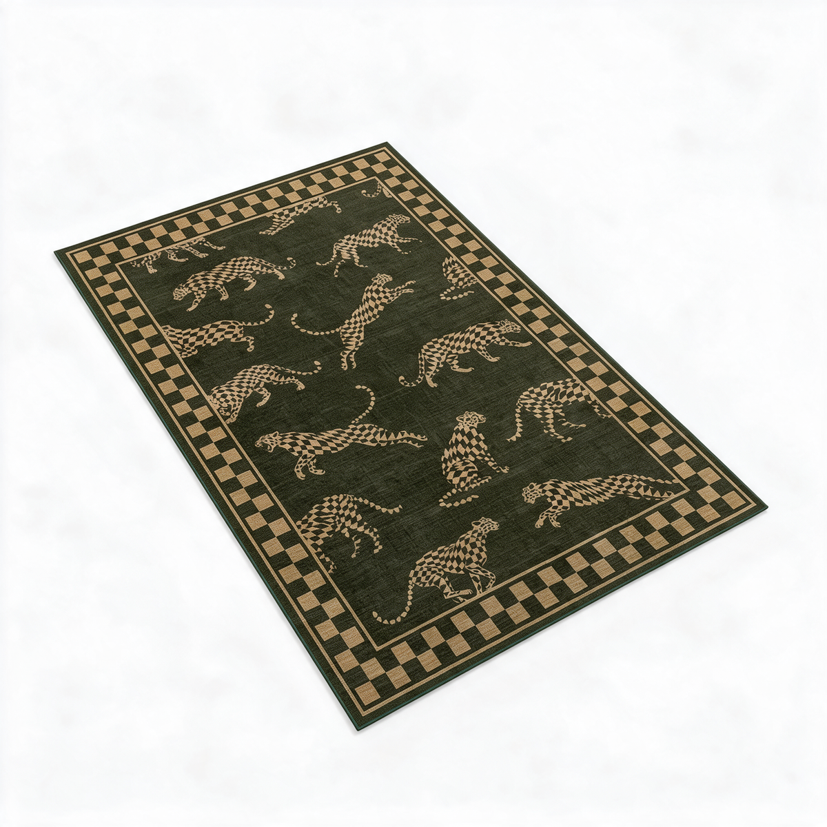 Jerez Cheetah Print Machine Washable Low Pile Area Rug for Living Rooms and Bedrooms, Green, studio shot