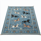 Antequera Horse Print Washable Low Pile Area Rug with Tassels for Living Rooms and Bedrooms, Blue, studio shot