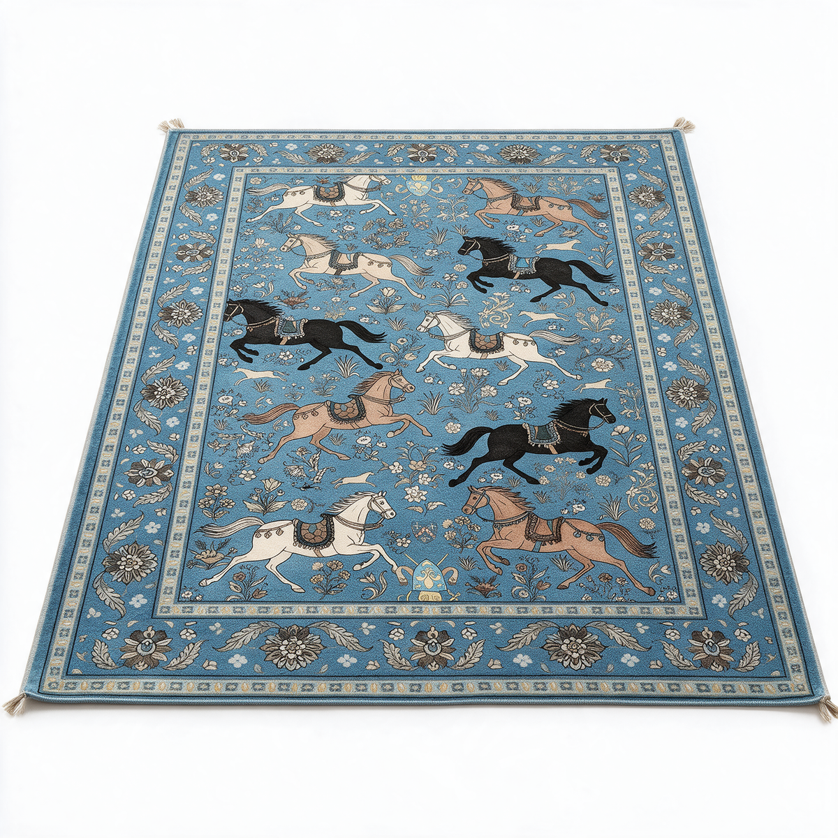 Antequera Horse Print Washable Low Pile Area Rug with Tassels for Living Rooms and Bedrooms, Blue, studio shot