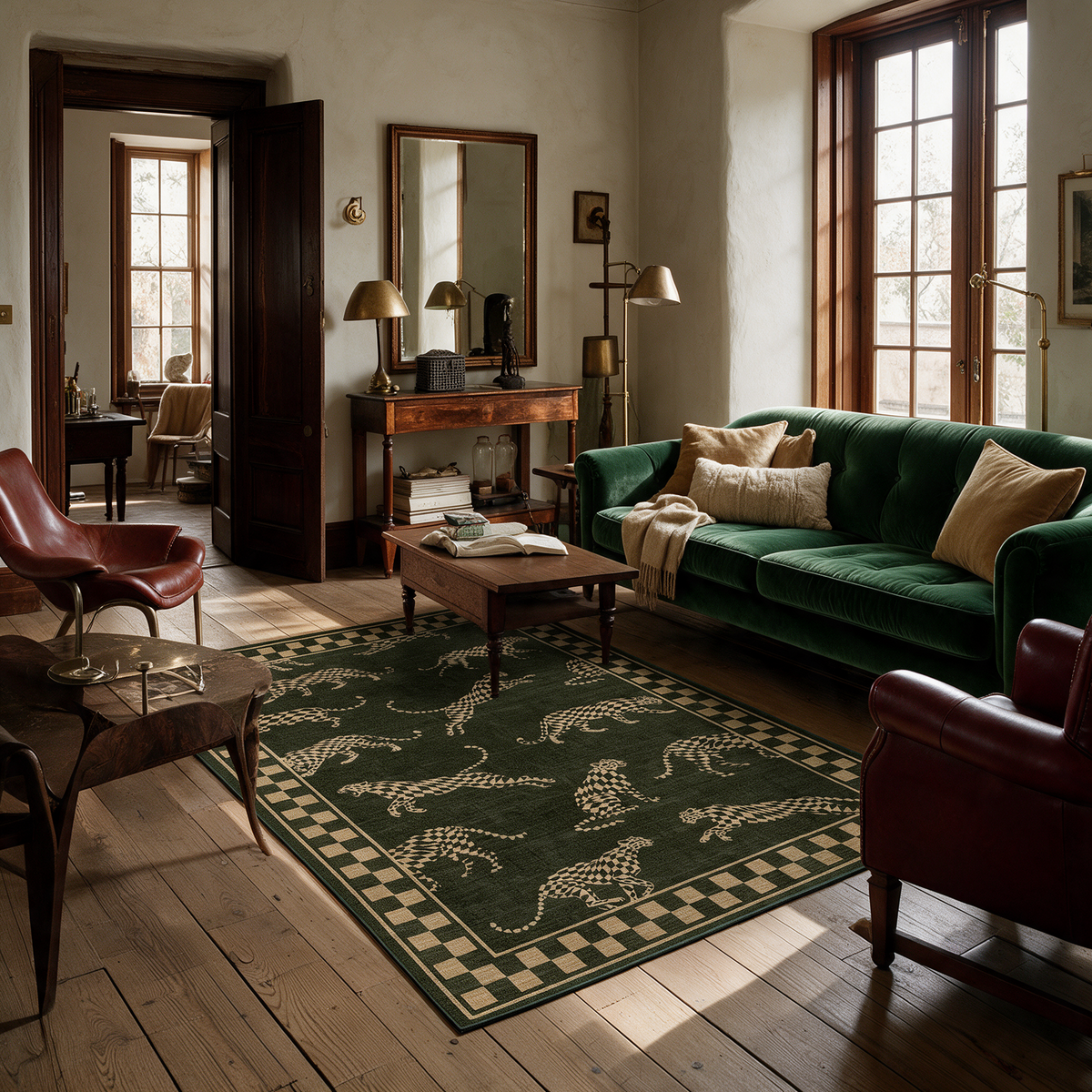 Jerez Cheetah Print Machine Washable Low Pile Area Rug for Living Rooms and Bedrooms, Green, in the room