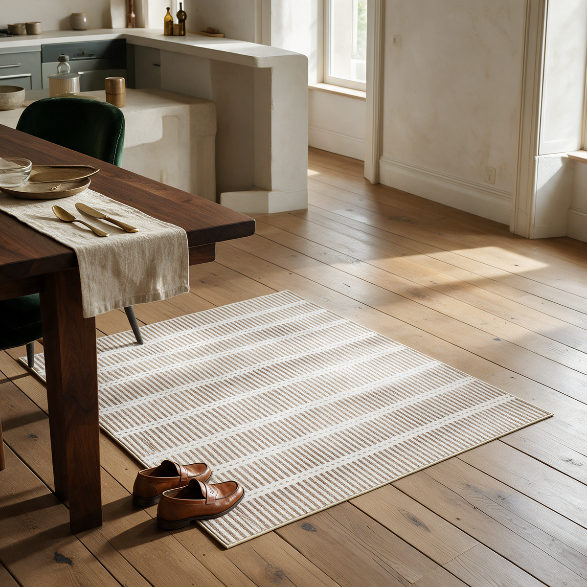 Baeza Striped Ultra Thin Washable Chenille Area Rug for Kitchens and Hallways, Beige, in use