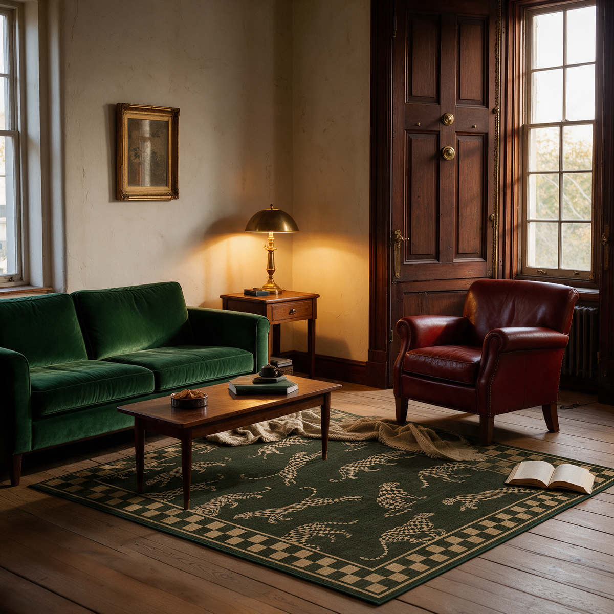 Jerez Cheetah Print Machine Washable Low Pile Area Rug for Living Rooms and Bedrooms, Green, evening light