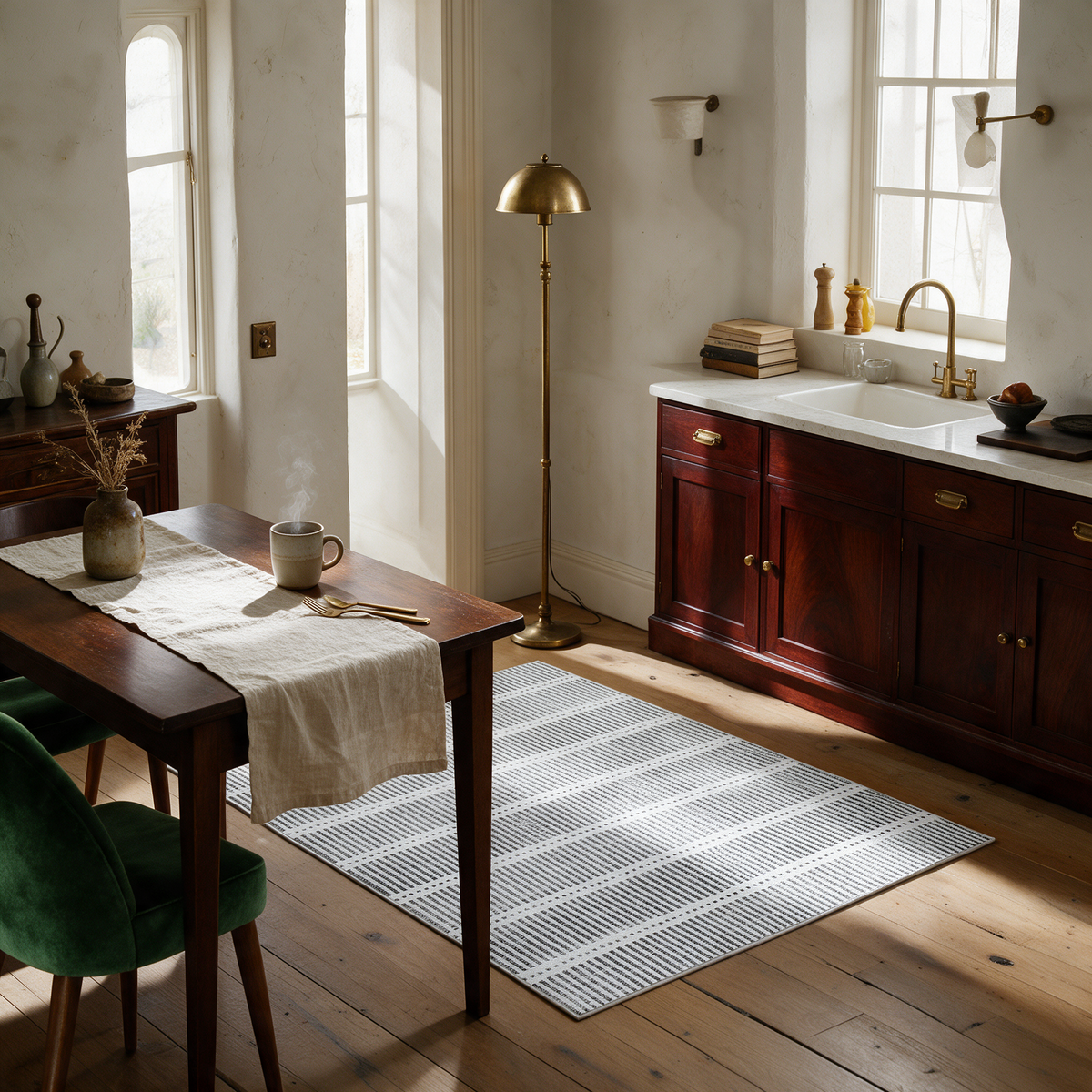 Baeza Striped Ultra Thin Washable Chenille Area Rug for Kitchens and Hallways, Cream, in the room