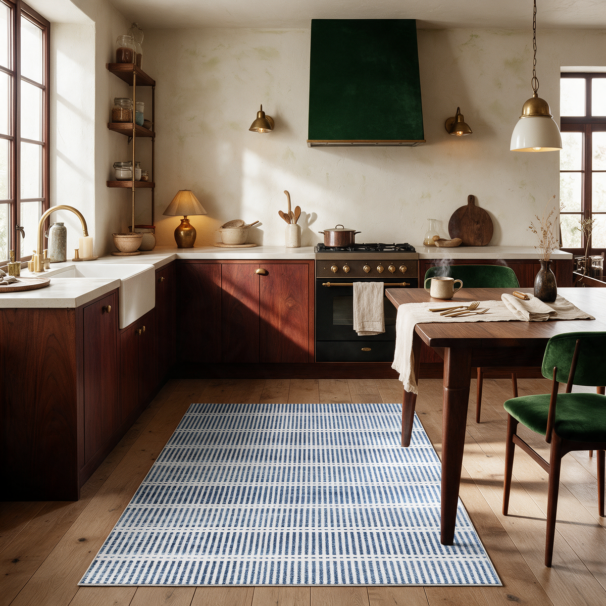 Baeza Striped Ultra Thin Washable Chenille Area Rug for Kitchens and Hallways, Blue, in the room