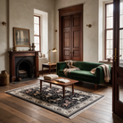 Antequera Horse Print Washable Low Pile Area Rug with Tassels for Living Rooms and Bedrooms, Black, in the room