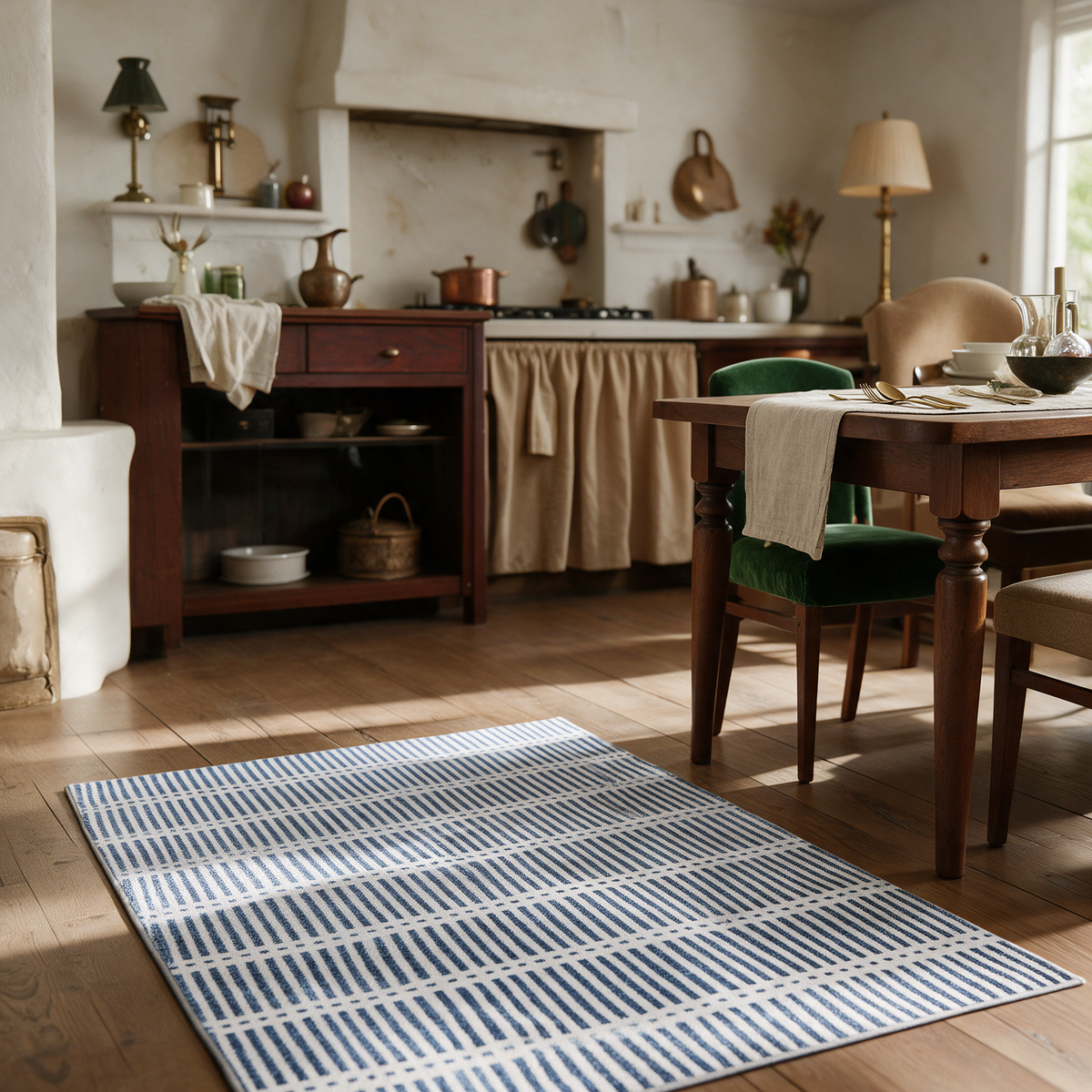 Baeza Striped Ultra Thin Washable Chenille Area Rug for Kitchens and Hallways, Blue, material detail