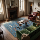Antequera Horse Print Washable Low Pile Area Rug with Tassels for Living Rooms and Bedrooms, Blue, in the room