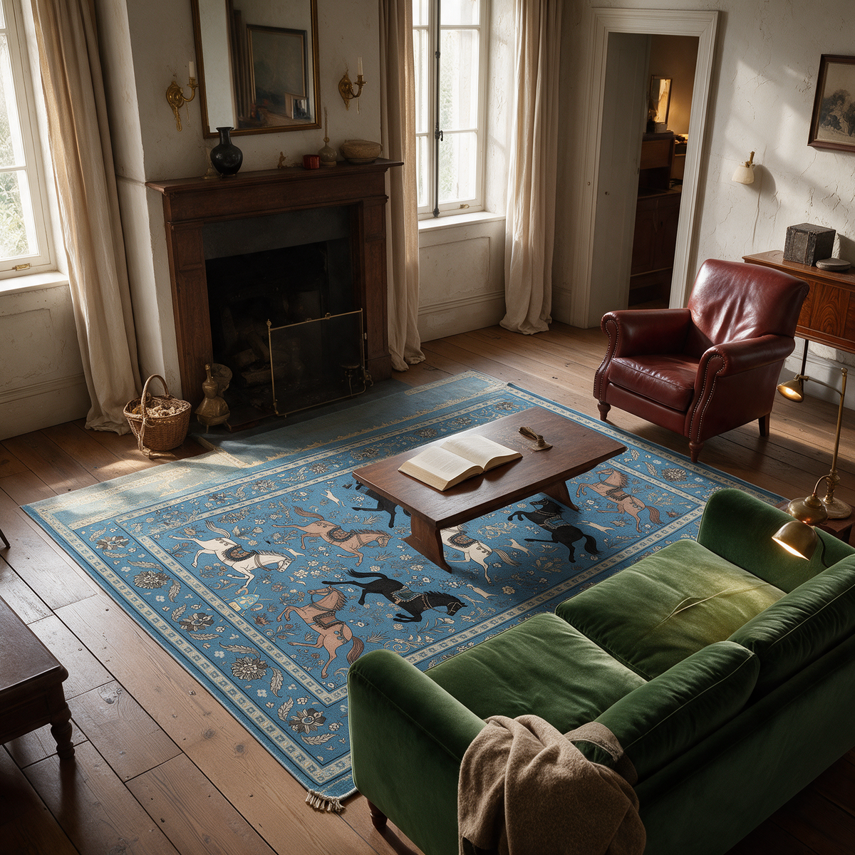 Antequera Horse Print Washable Low Pile Area Rug with Tassels for Living Rooms and Bedrooms, Blue, in the room