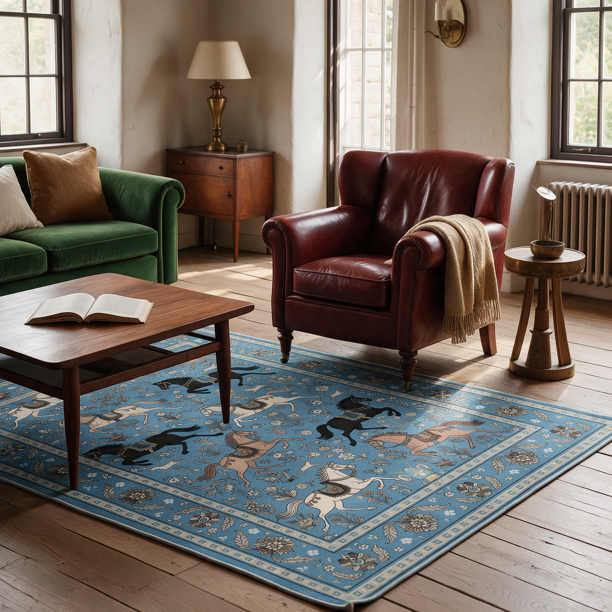 Antequera Horse Print Washable Low Pile Area Rug with Tassels for Living Rooms and Bedrooms, Blue, in use