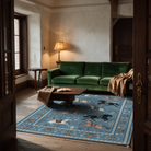 Antequera Horse Print Washable Low Pile Area Rug with Tassels for Living Rooms and Bedrooms, Blue, evening light