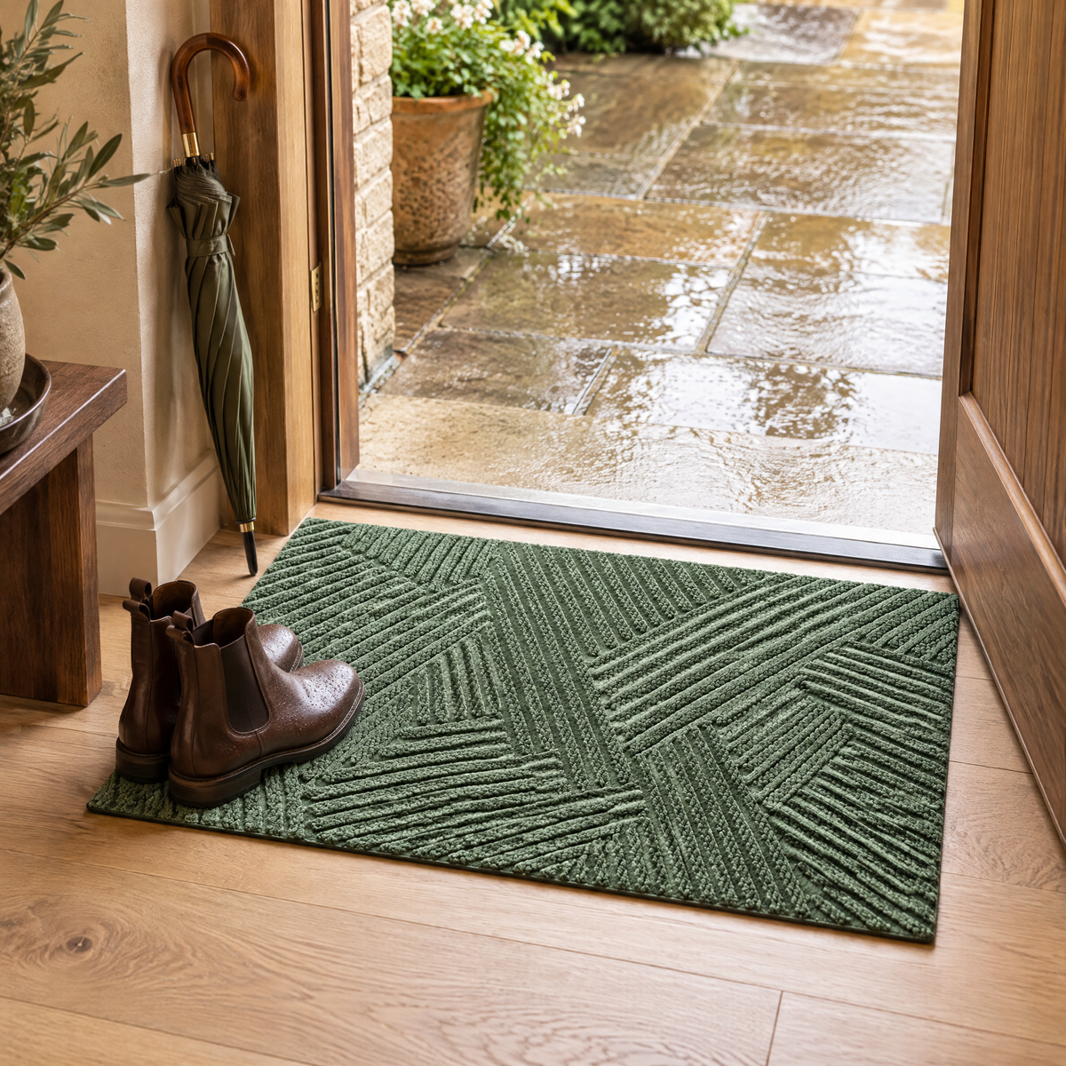 Adarra Non Slip Polypropylene Entry Door Mat for High Traffic Doorways, Green, in use at the door