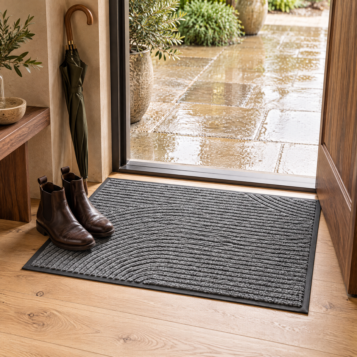 Adarra Non Slip Polypropylene Entry Door Mat for High Traffic Doorways, Grey, in use at the door