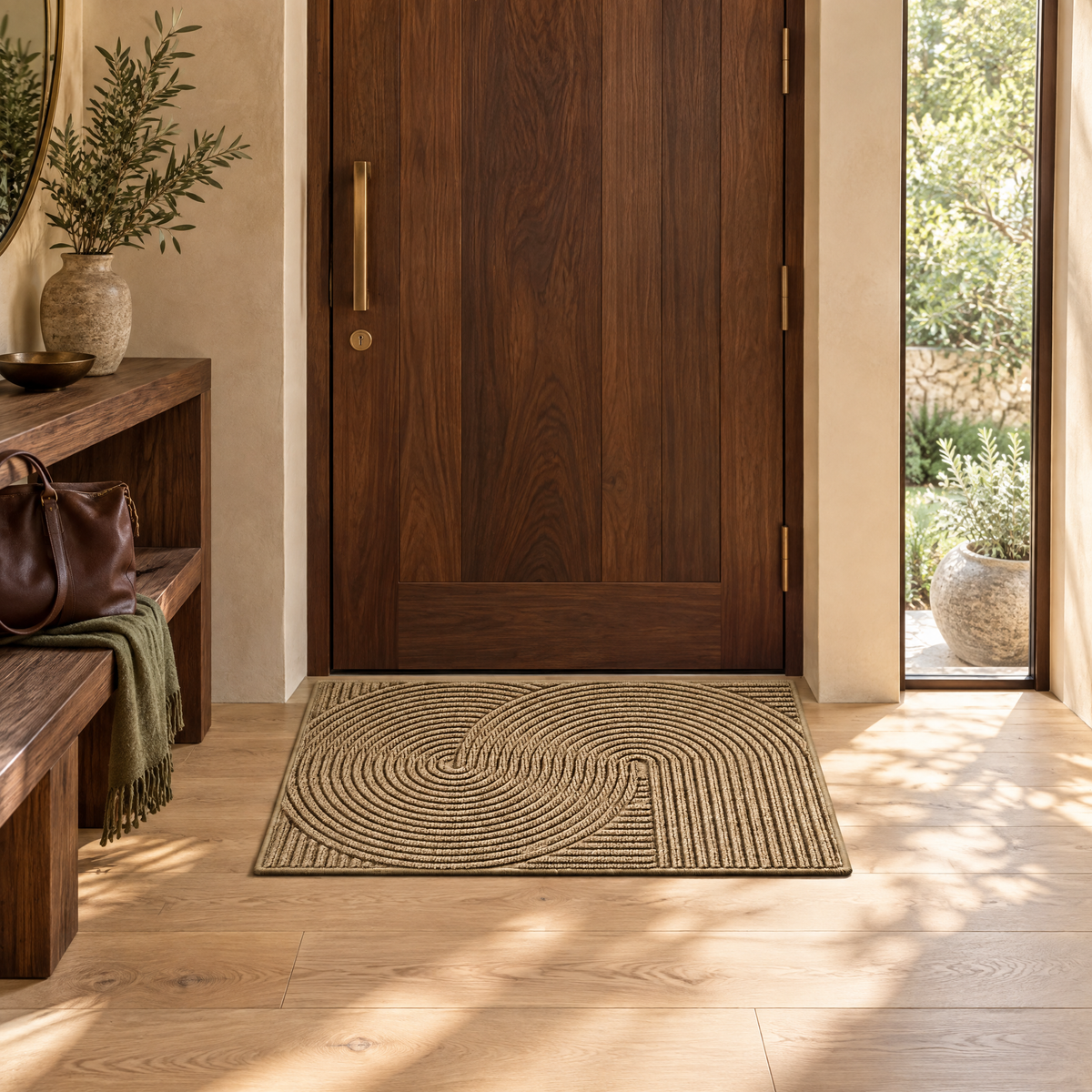 Adarra Non Slip Polypropylene Entry Door Mat for High Traffic Doorways, Khaki, in the entry hall