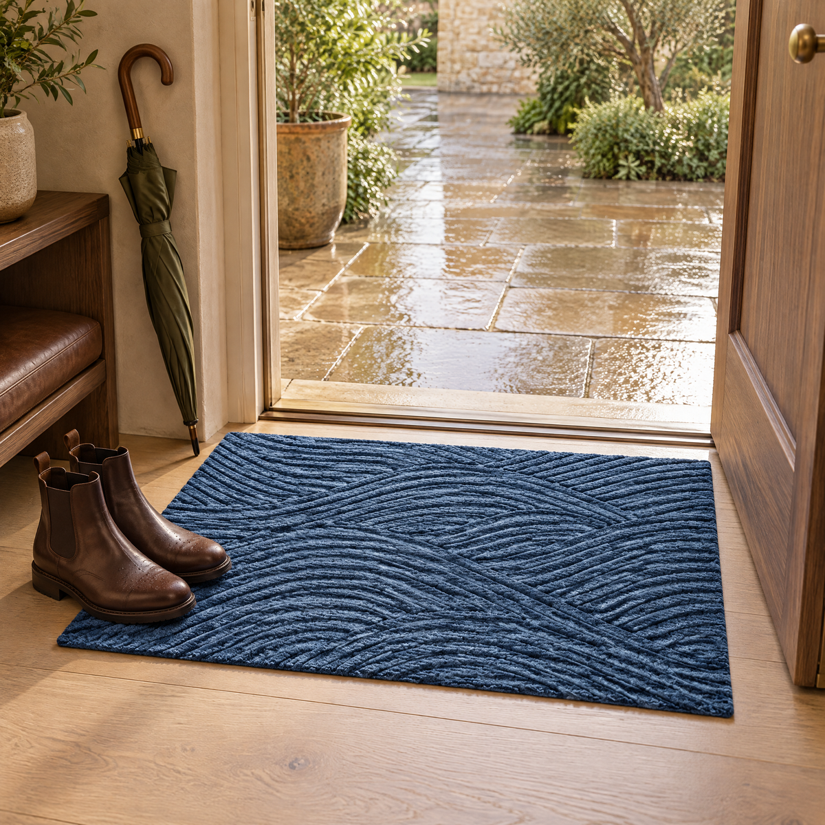 Adarra Non Slip Polypropylene Entry Door Mat for High Traffic Doorways, Blue, in use at the door