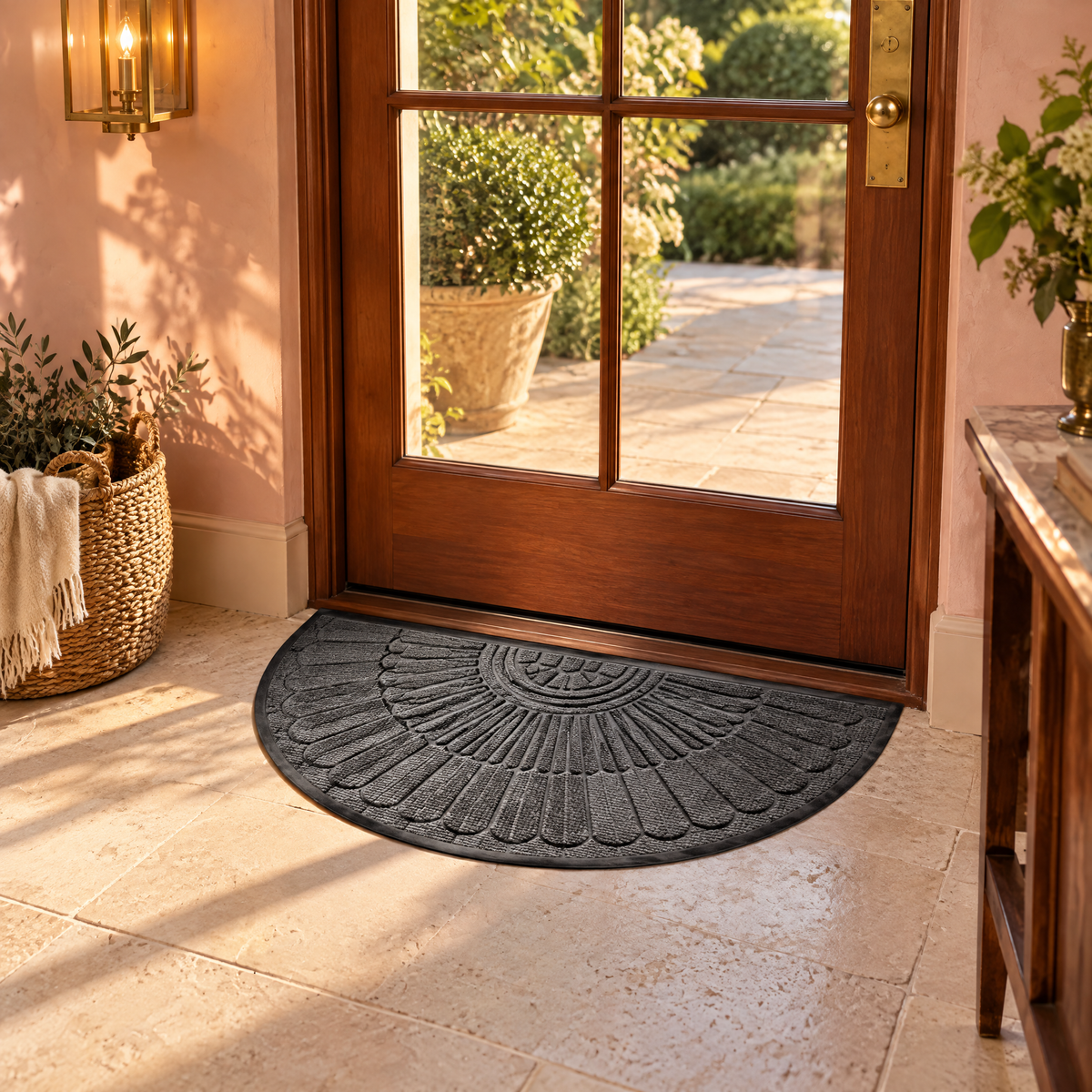 Lucena Rubber Backed Semicircular Entryway Mat for Front and Back Doors, Dark Grey, golden hour