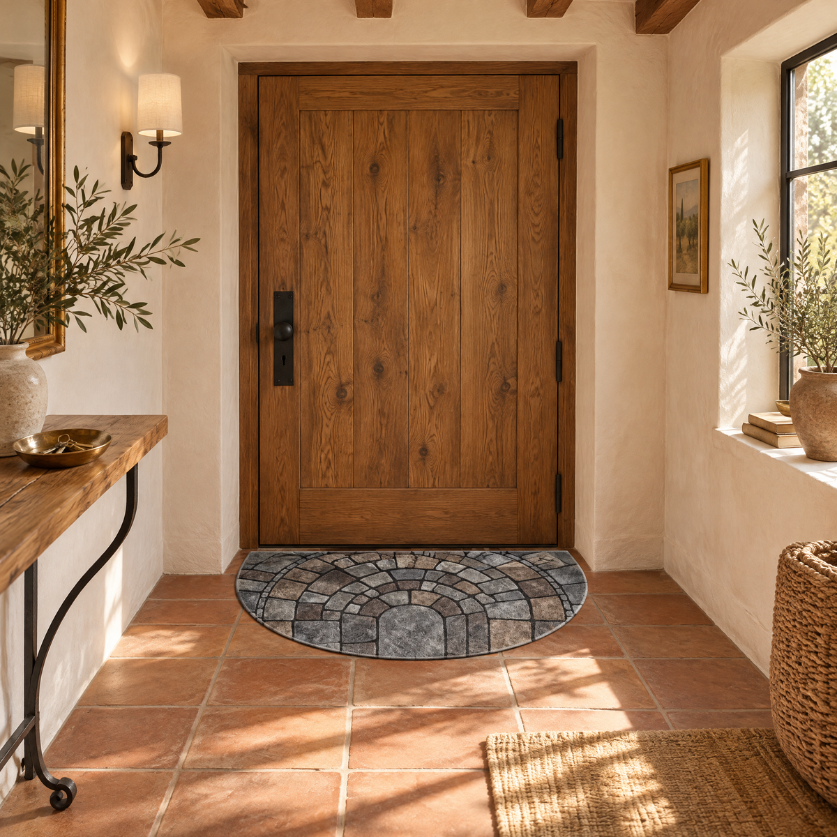 Tarifa Semicircular Mosaic Door Mat for Indoor and Outdoor Entryways, in the entry hall