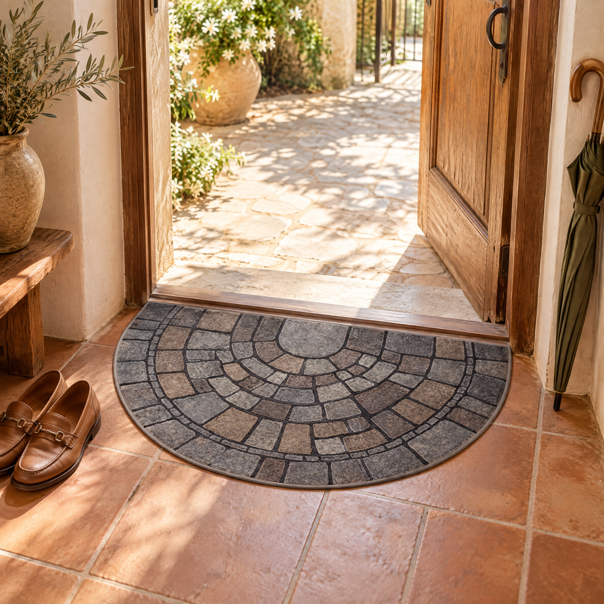 Tarifa Semicircular Mosaic Door Mat for Indoor and Outdoor Entryways, in use at the door
