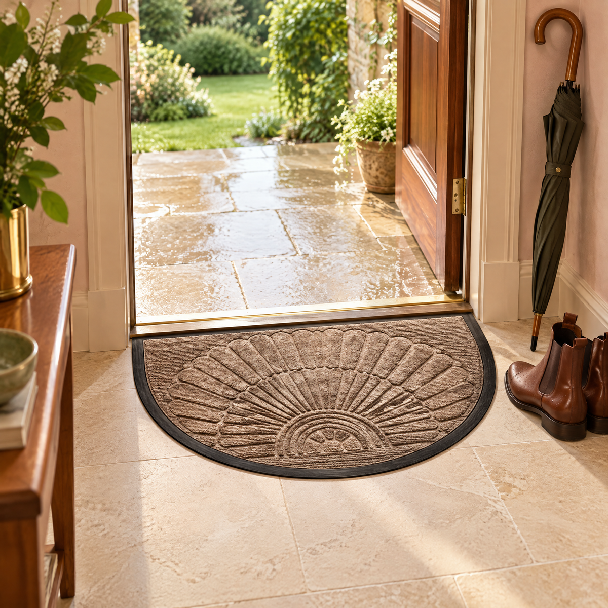 Lucena Rubber Backed Semicircular Entryway Mat for Front and Back Doors, Beige Brown, in use at the door