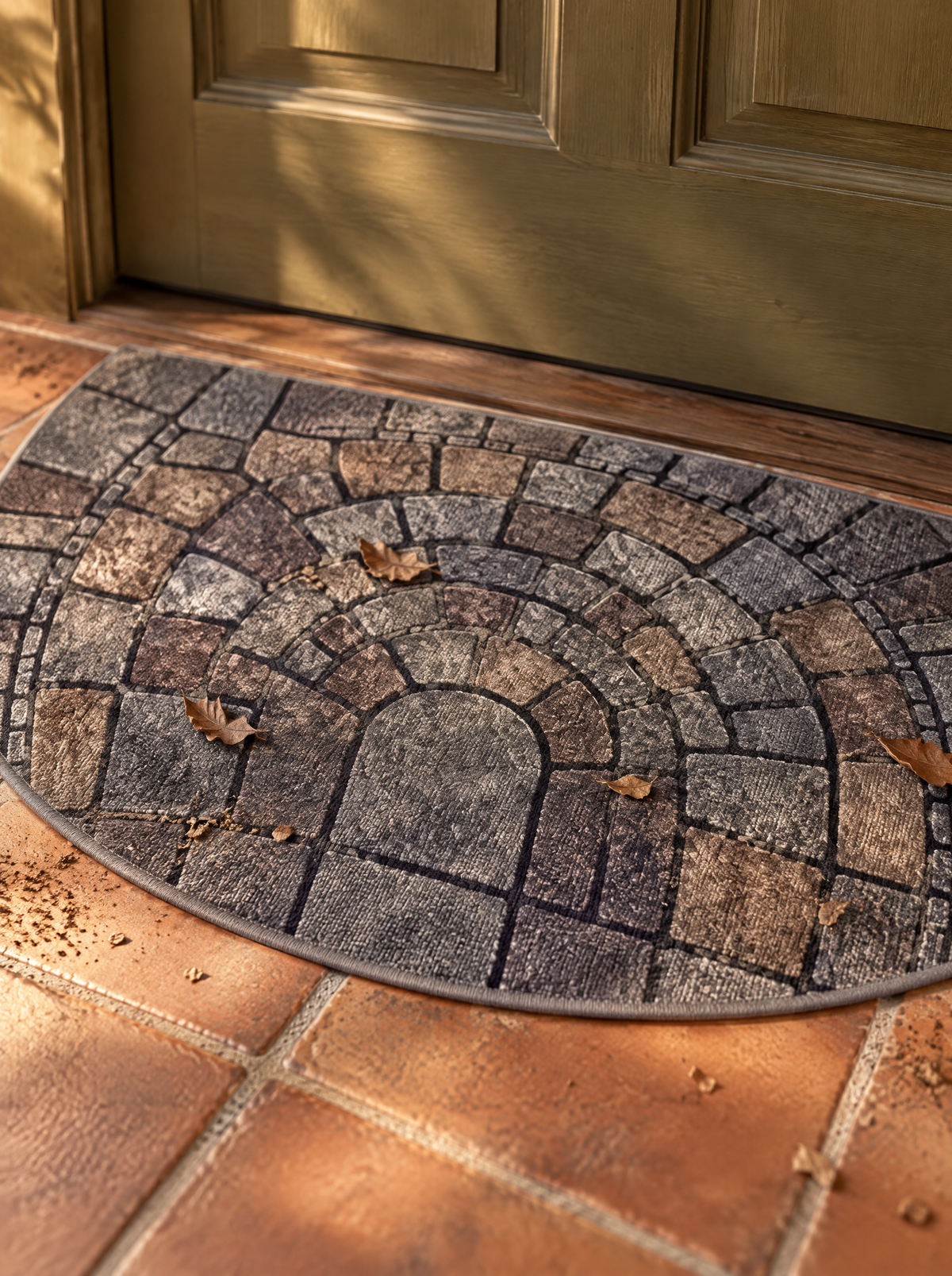 Tarifa semicircular mosaic door mat, woven mosaic pattern detail