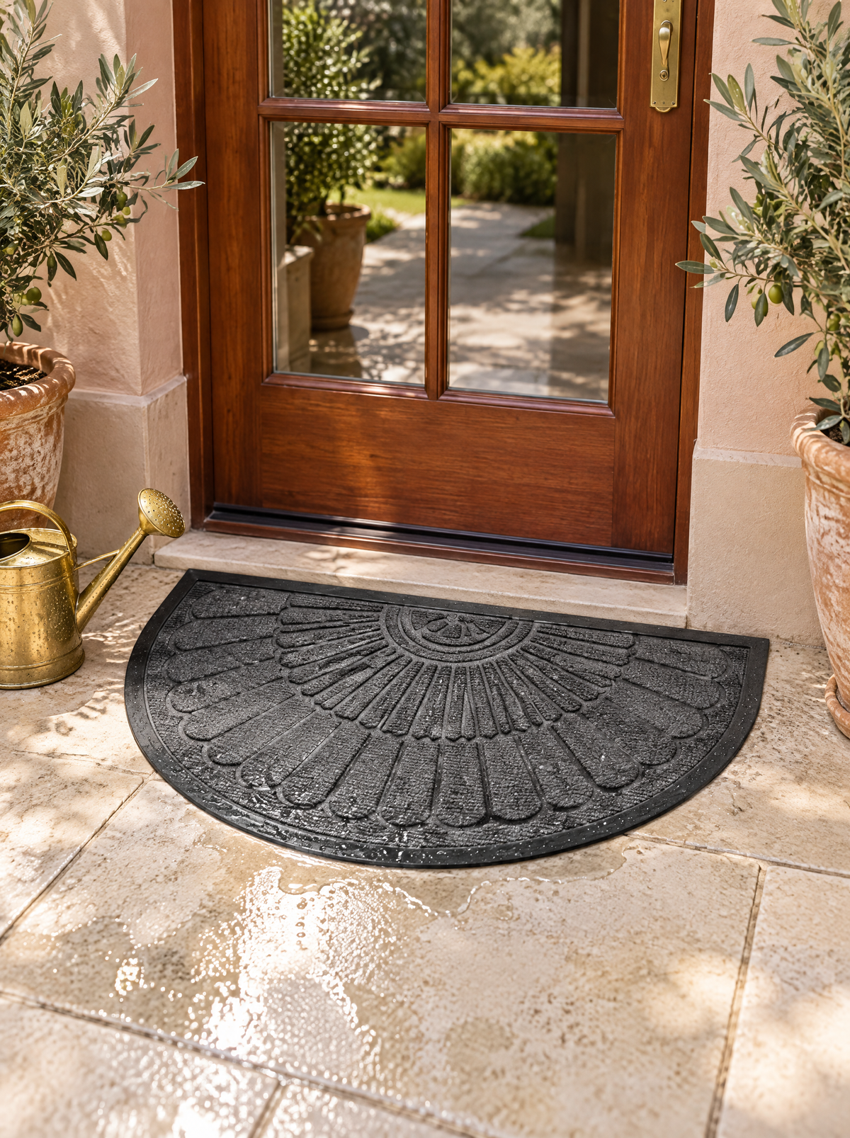 Lucena semicircular entryway mat rinsed clean on a porch