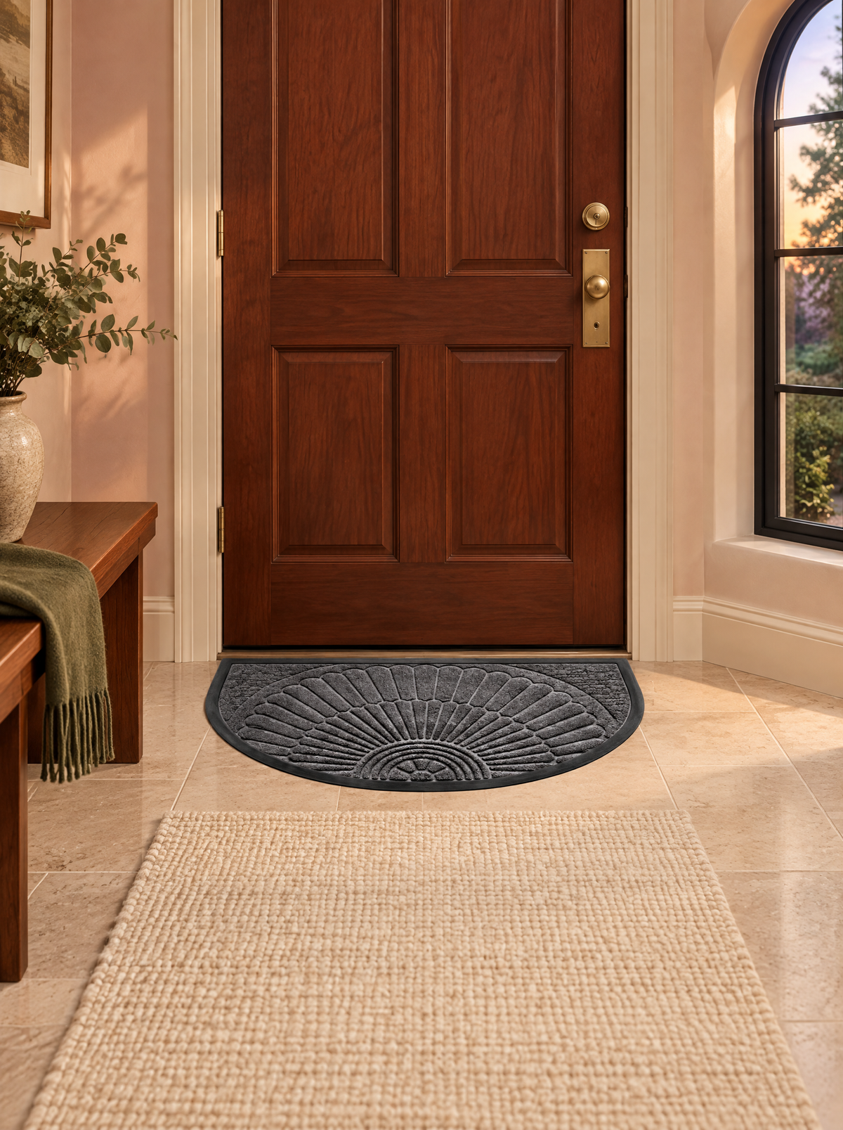 Lucena semicircular entryway mat in dark grey at a front door beside a runner