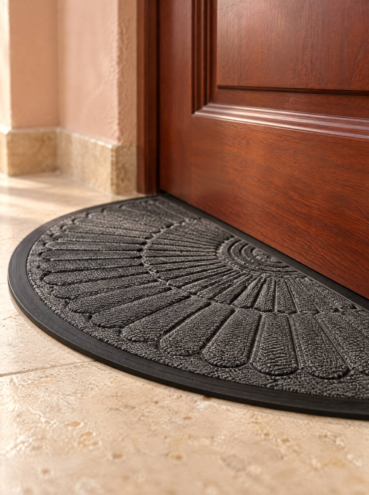 Lucena semicircular entryway mat, straight edge lying flat at the threshold