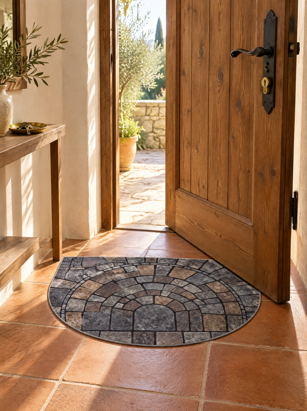 Tarifa semicircular mosaic door mat, shaped to the door swing