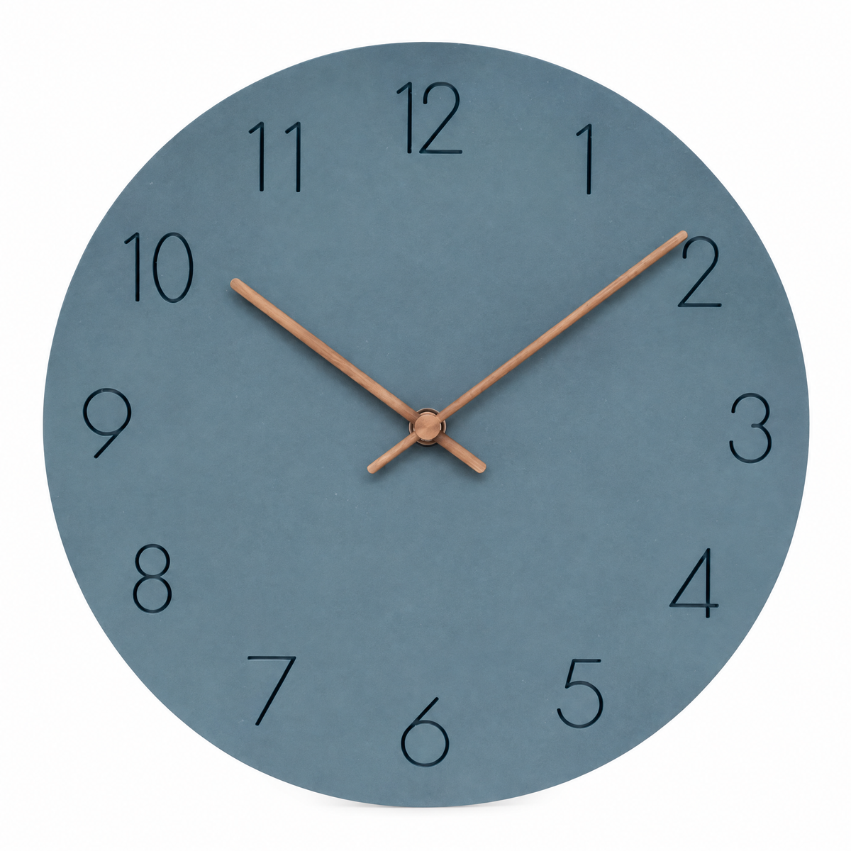 Caravaca Matte Round Silent Wall Clock with Wood Hands for Living Rooms, Slate Blue, studio shot