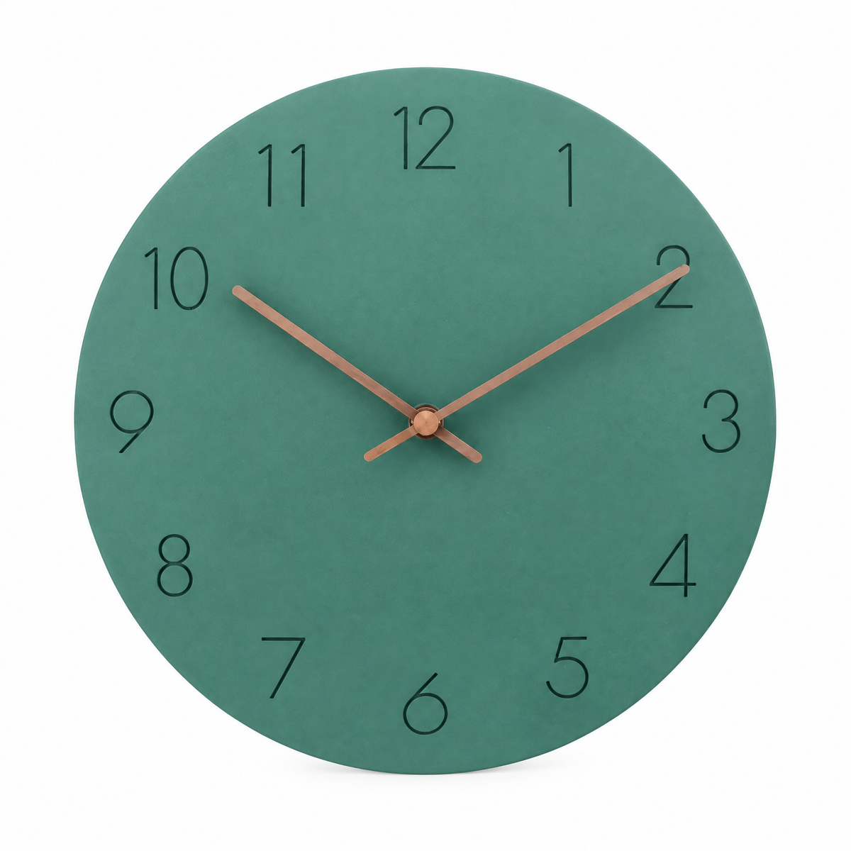 Caravaca Matte Round Silent Wall Clock with Wood Hands for Living Rooms, Sea Green, studio shot