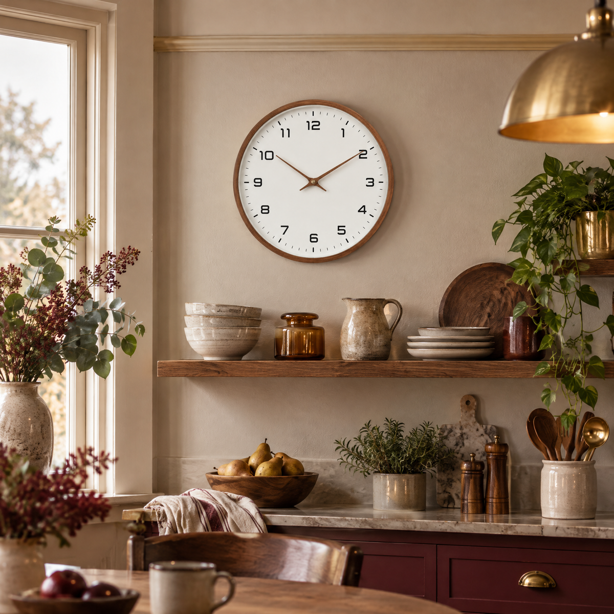 Biescas Round Wood Frame Silent Wall Clock for Kitchens and Living Rooms, Walnut Brown, in use