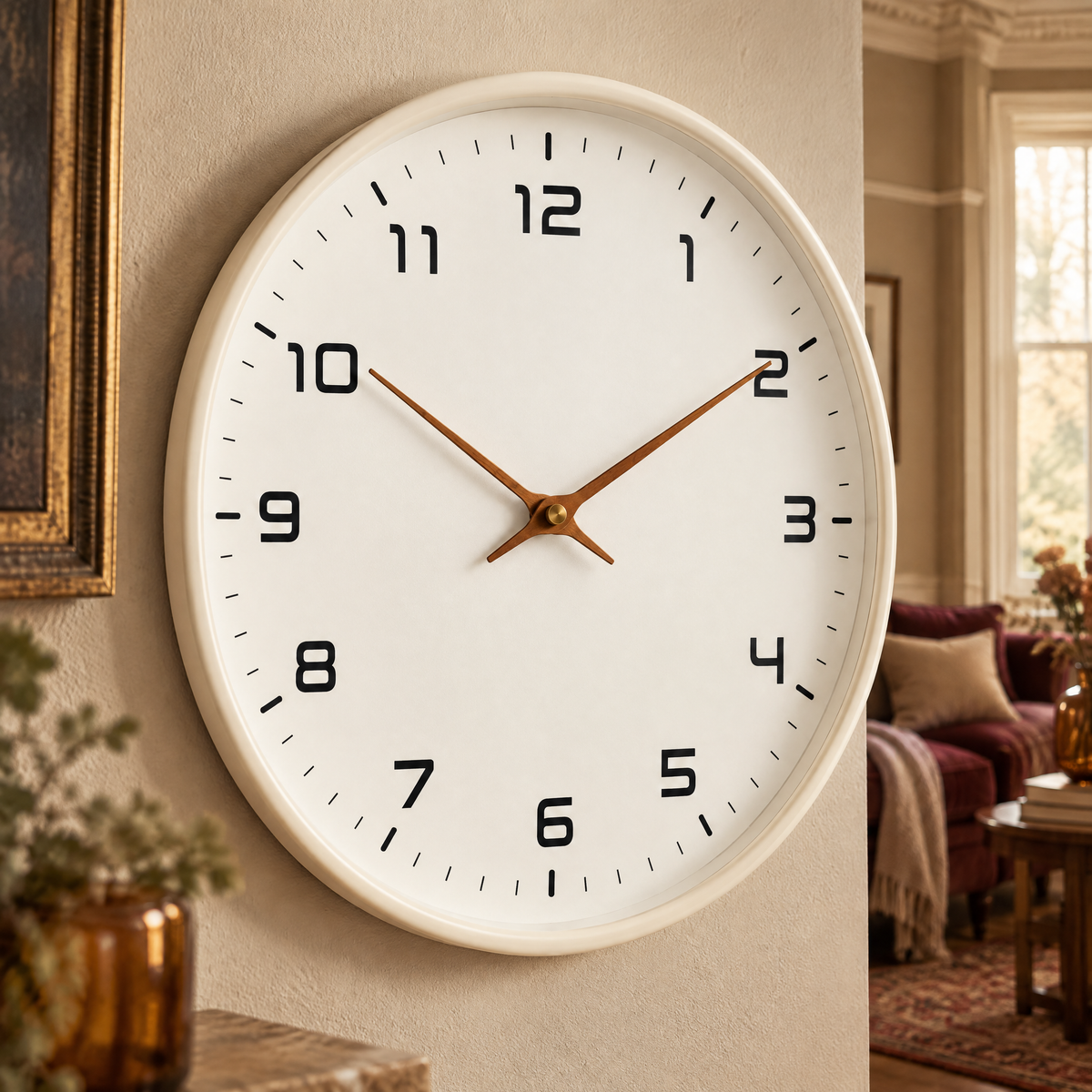 Biescas Round Wood Frame Silent Wall Clock for Kitchens and Living Rooms, Cream, material detail