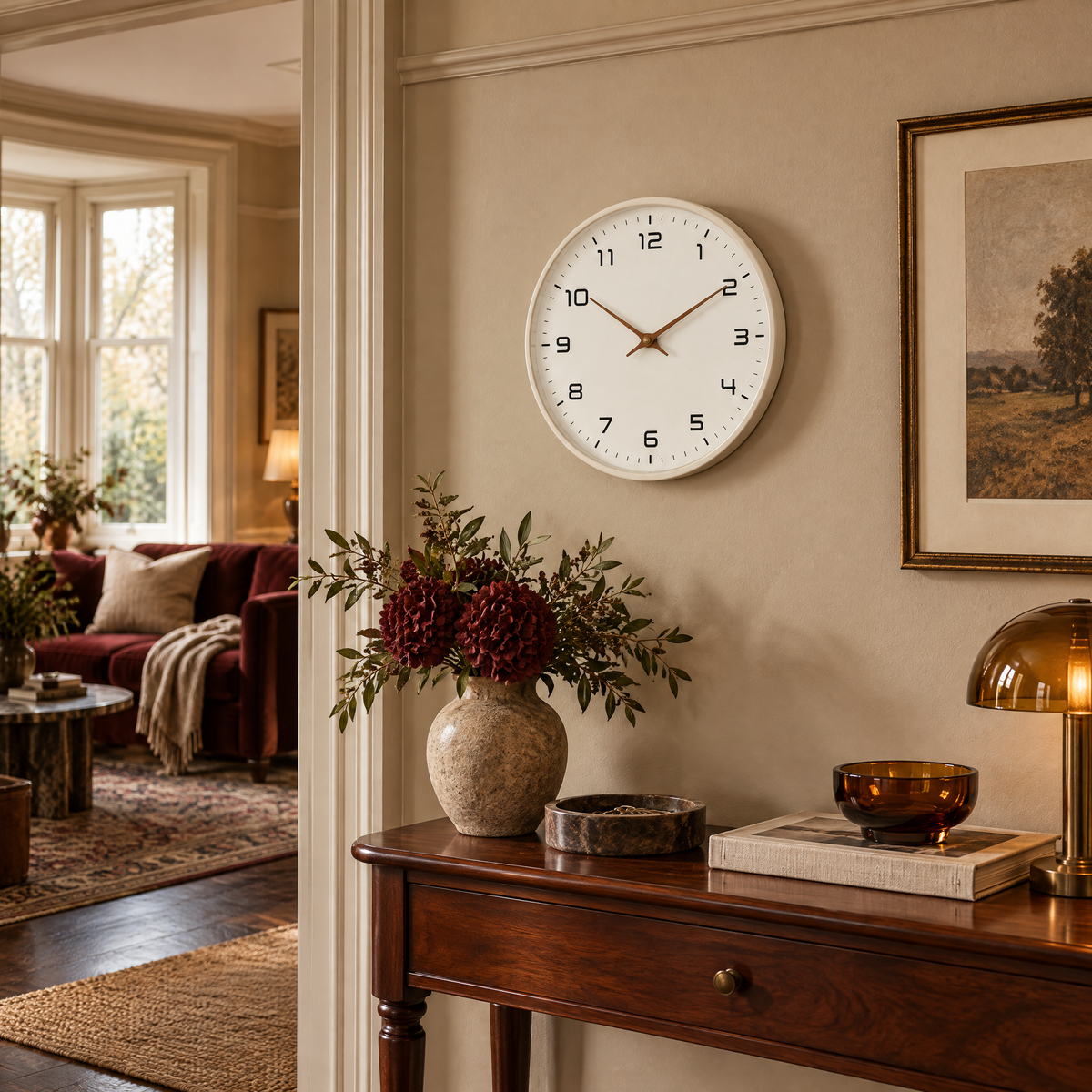 Biescas Round Wood Frame Silent Wall Clock for Kitchens and Living Rooms, Cream, in the room