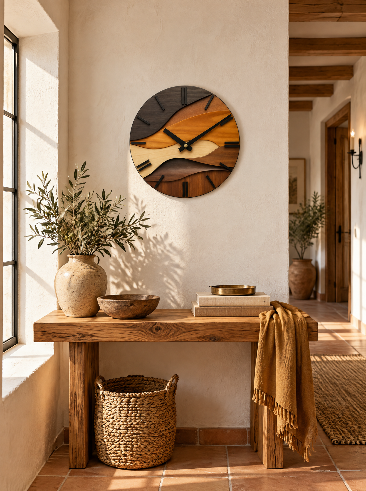Blanes Artistic Wood Grain Round Silent Wall Clock for Living Rooms, Warm colour on a plain wall