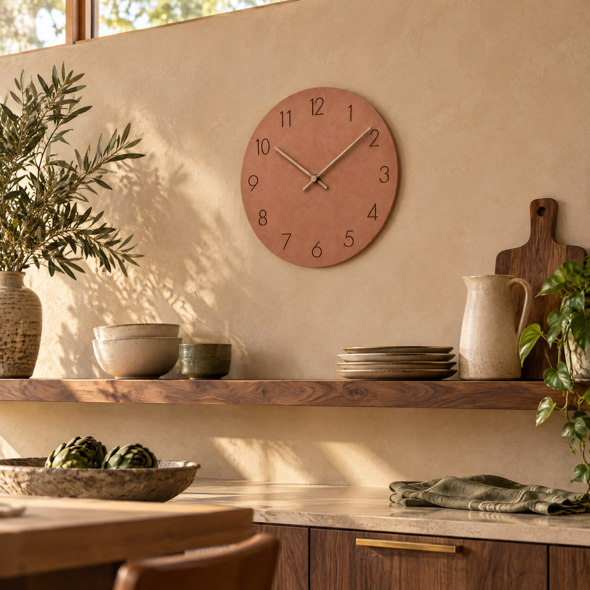 Caravaca Matte Round Silent Wall Clock with Wood Hands for Living Rooms, Terracotta, in use