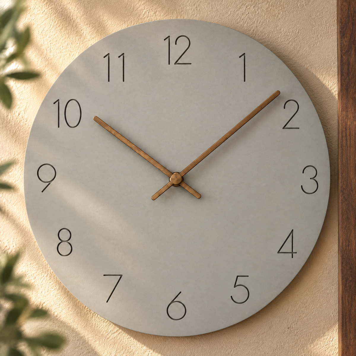 Caravaca Matte Round Silent Wall Clock with Wood Hands for Living Rooms, Grey, material detail