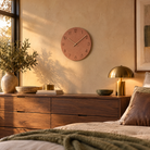 Caravaca Matte Round Silent Wall Clock with Wood Hands for Living Rooms, Terracotta, golden hour