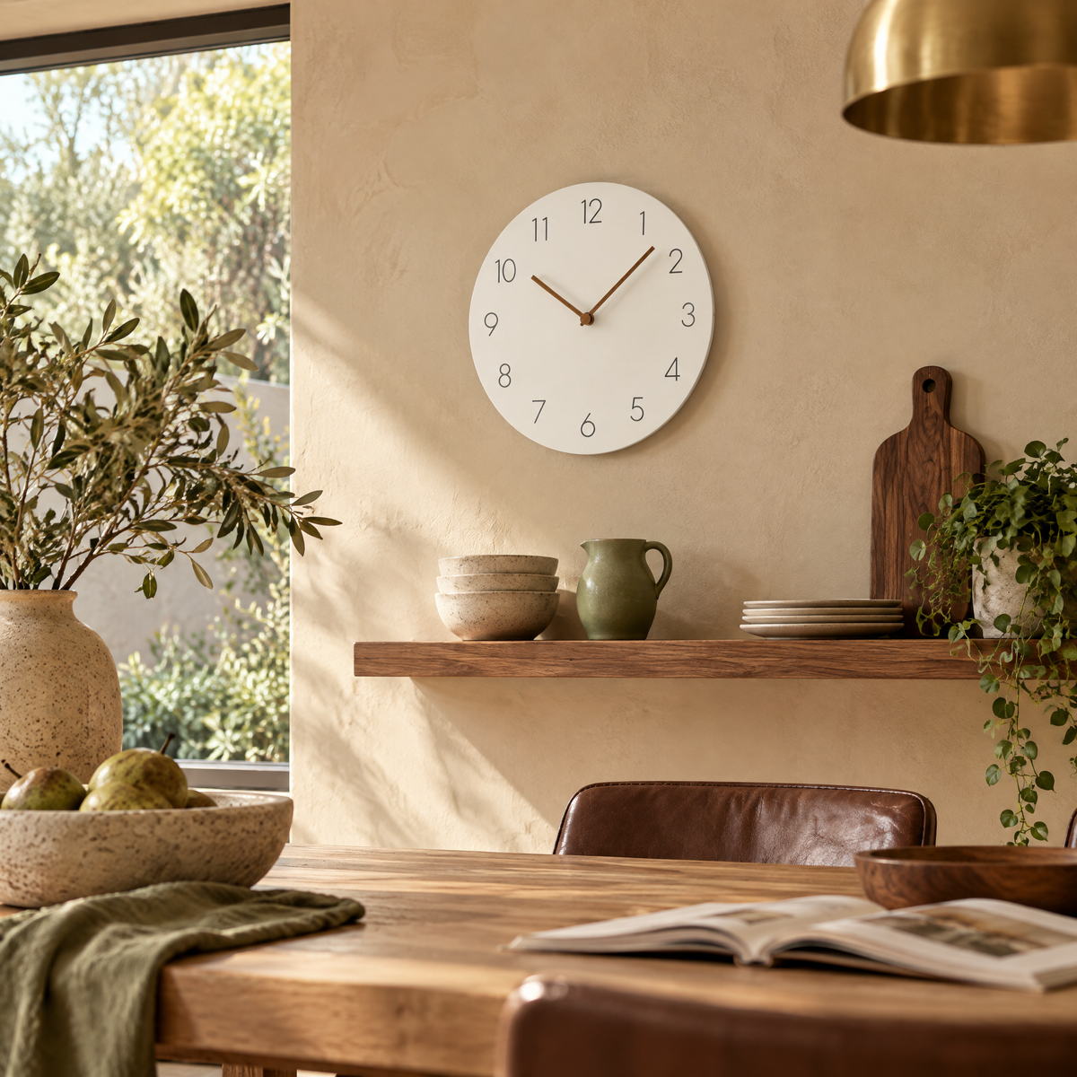 Caravaca Matte Round Silent Wall Clock with Wood Hands for Living Rooms, White, in use
