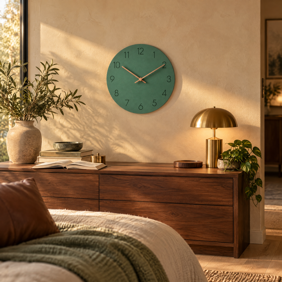 Caravaca Matte Round Silent Wall Clock with Wood Hands for Living Rooms, Sea Green, golden hour