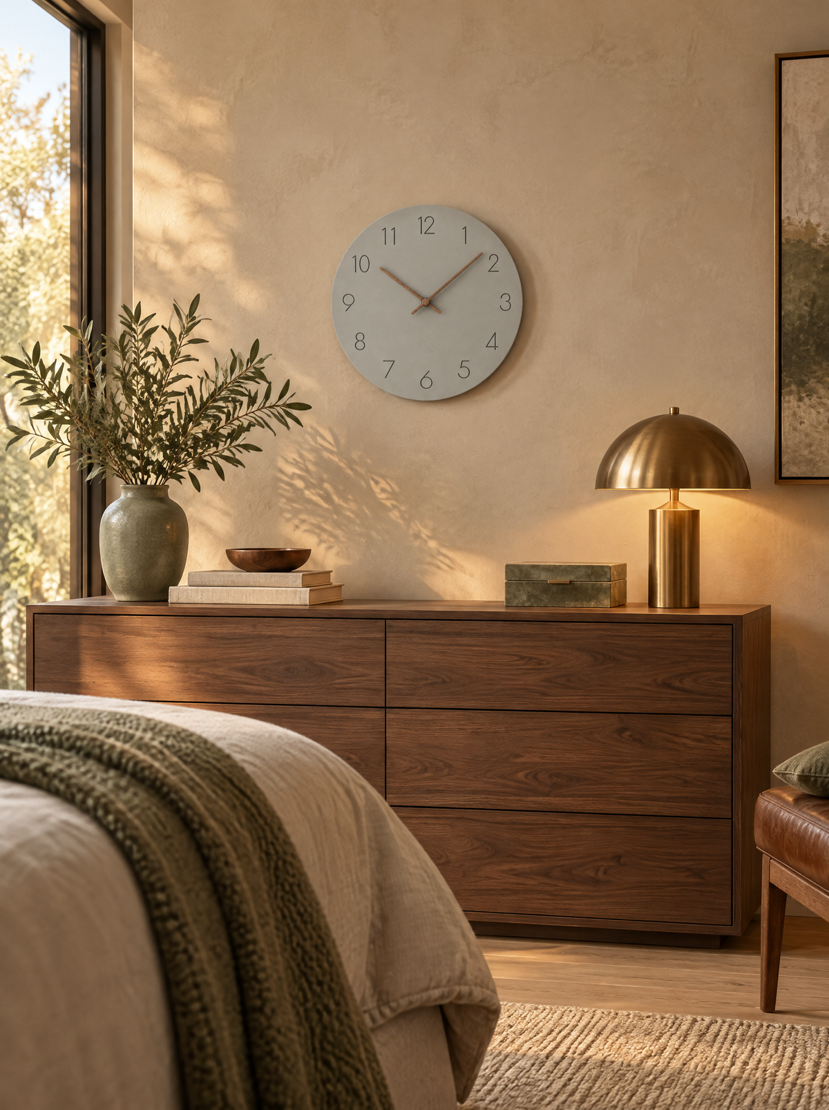 Caravaca Matte Round Silent Wall Clock with Wood Hands for Living Rooms, Warm wood hands