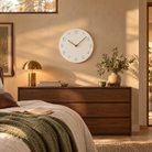 Caravaca Matte Round Silent Wall Clock with Wood Hands for Living Rooms, White, golden hour