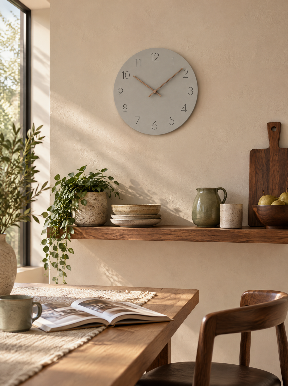 Caravaca Matte Round Silent Wall Clock with Wood Hands for Living Rooms, Colour on the wall